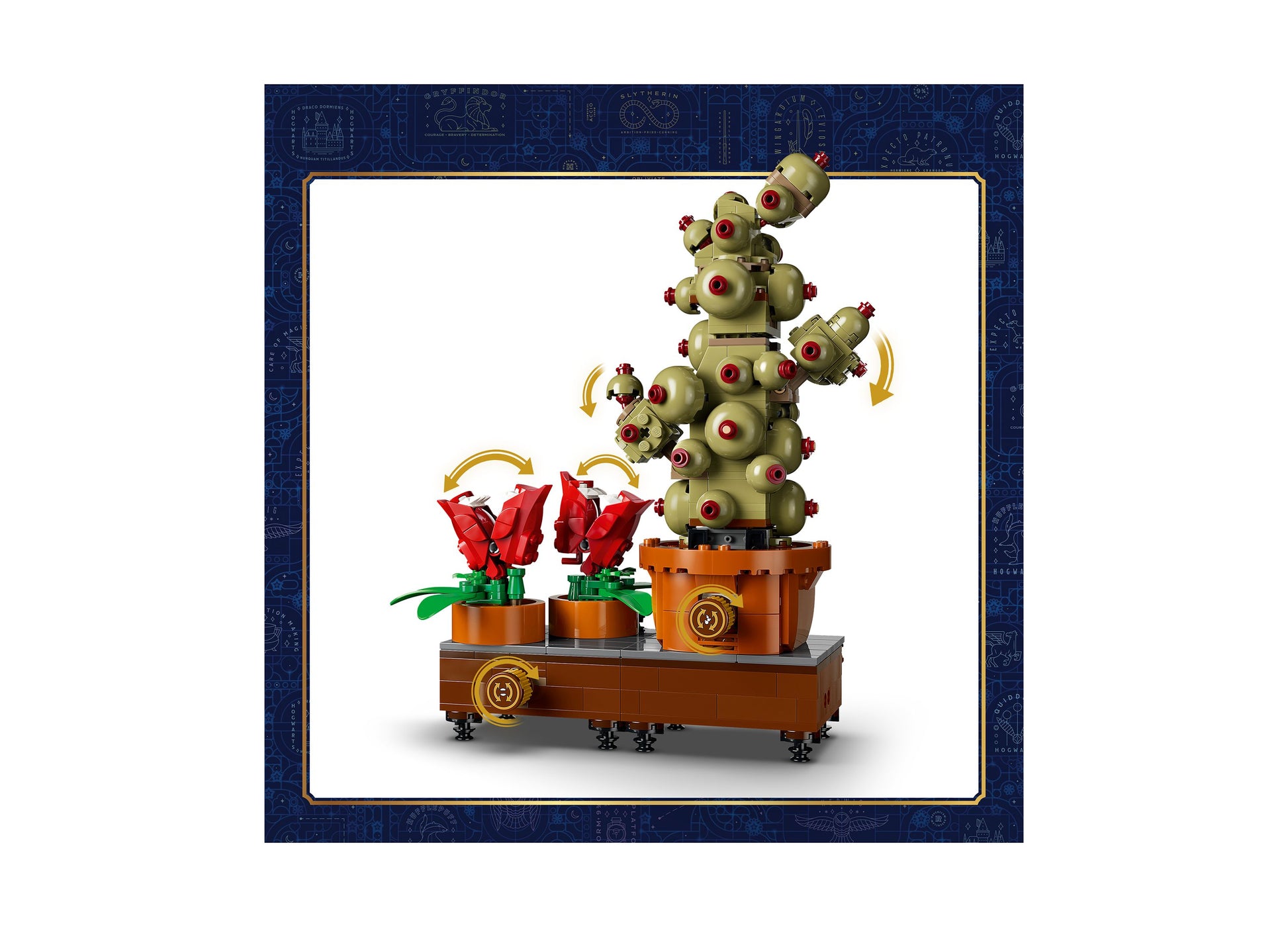 LEGO Harry Potter Hogwarts Herbology Plants 76474 building set featuring red flowers and green cacti with moving parts