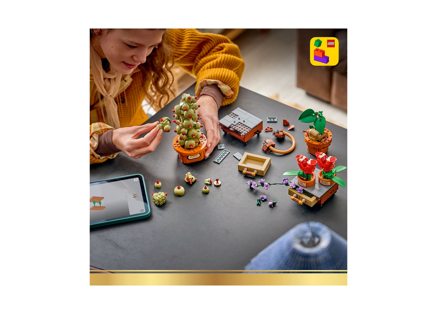 LEGO Harry Potter Hogwarts Herbology Plants 76474 set with colorful plant builds in orange and green, displayed with ...