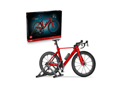 LEGO Icons Road Bike 11380 red and black building set with stand displayed