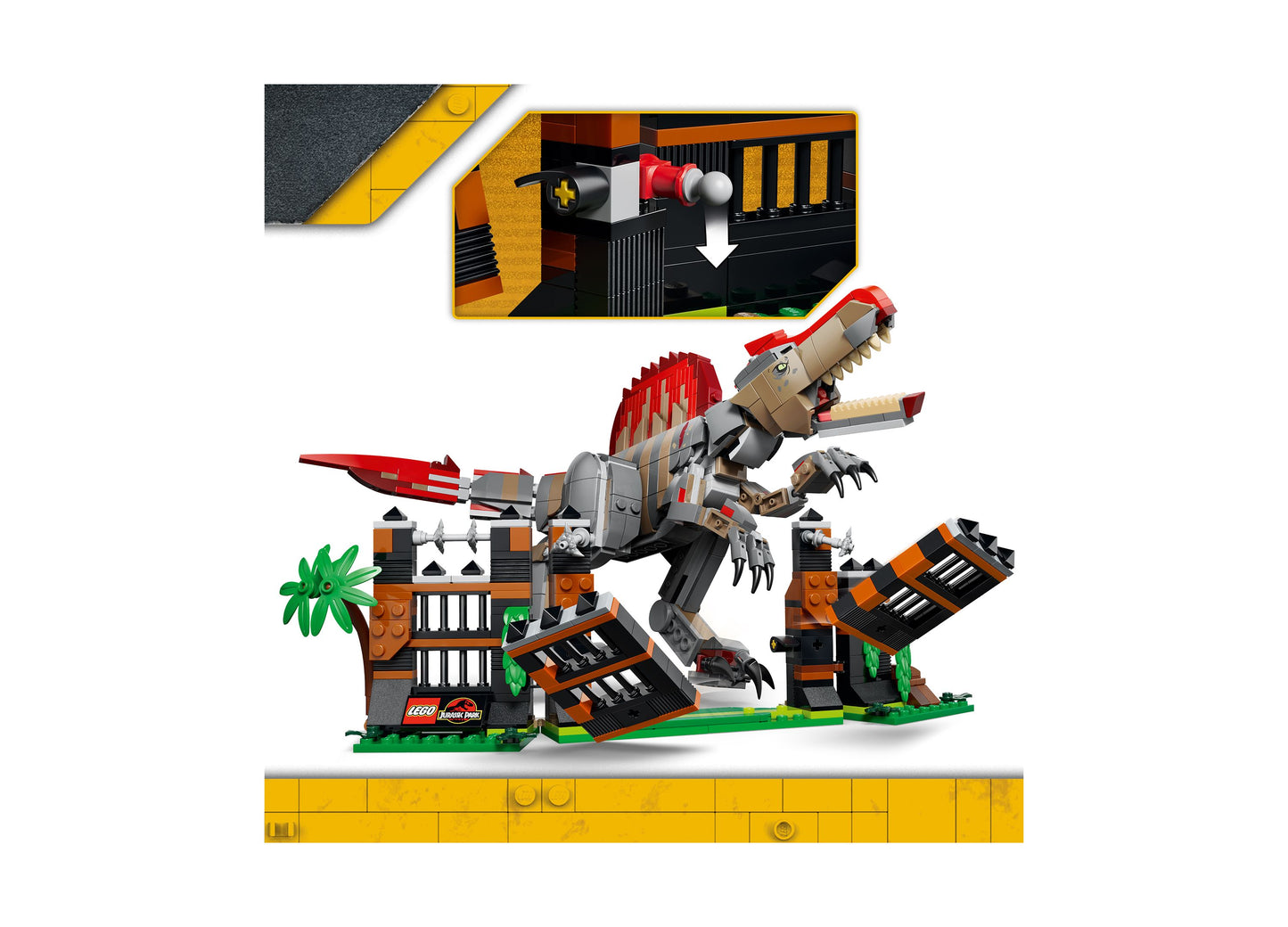 LEGO Jurassic World Spinosaurus Dinosaur Escape 77982 building set with red and tan dinosaur figure and orange structure
