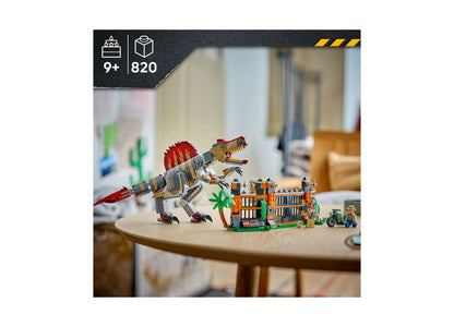 LEGO Jurassic World Spinosaurus Dinosaur Escape 77982 set with red-spined dinosaur and orange building on wooden table