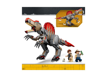LEGO Jurassic World Spinosaurus Dinosaur Escape 77982 building set with red and tan dinosaur figure and minifigures