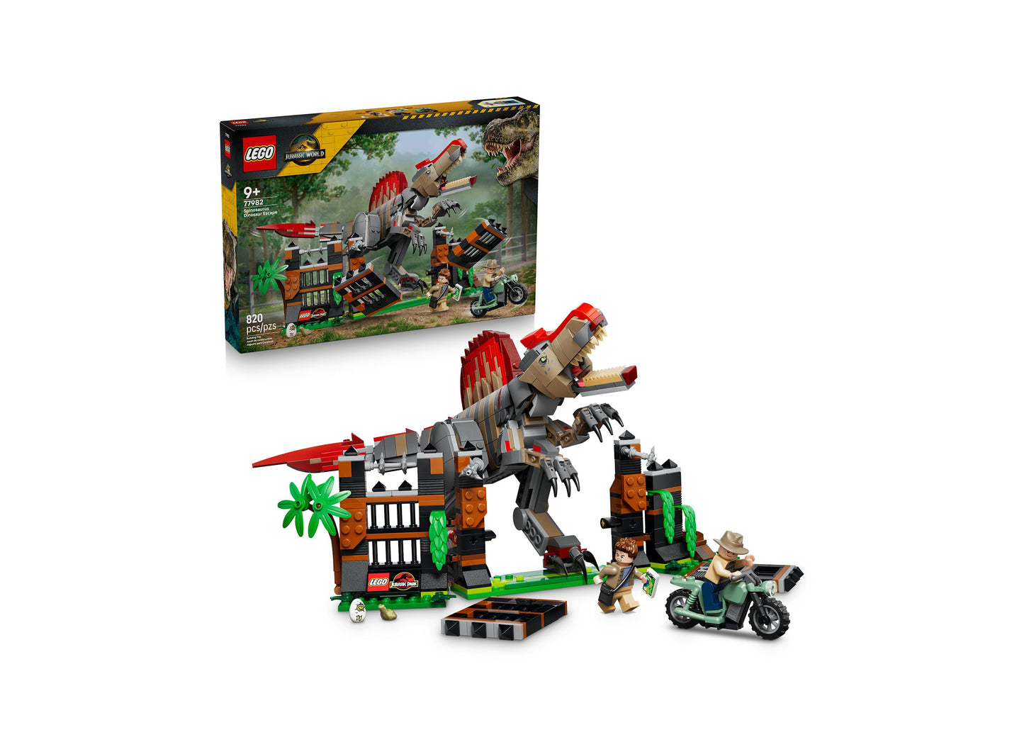 LEGO Jurassic World Spinosaurus Dinosaur Escape 77982 set with red and gray dinosaur, building structure, minifigures...