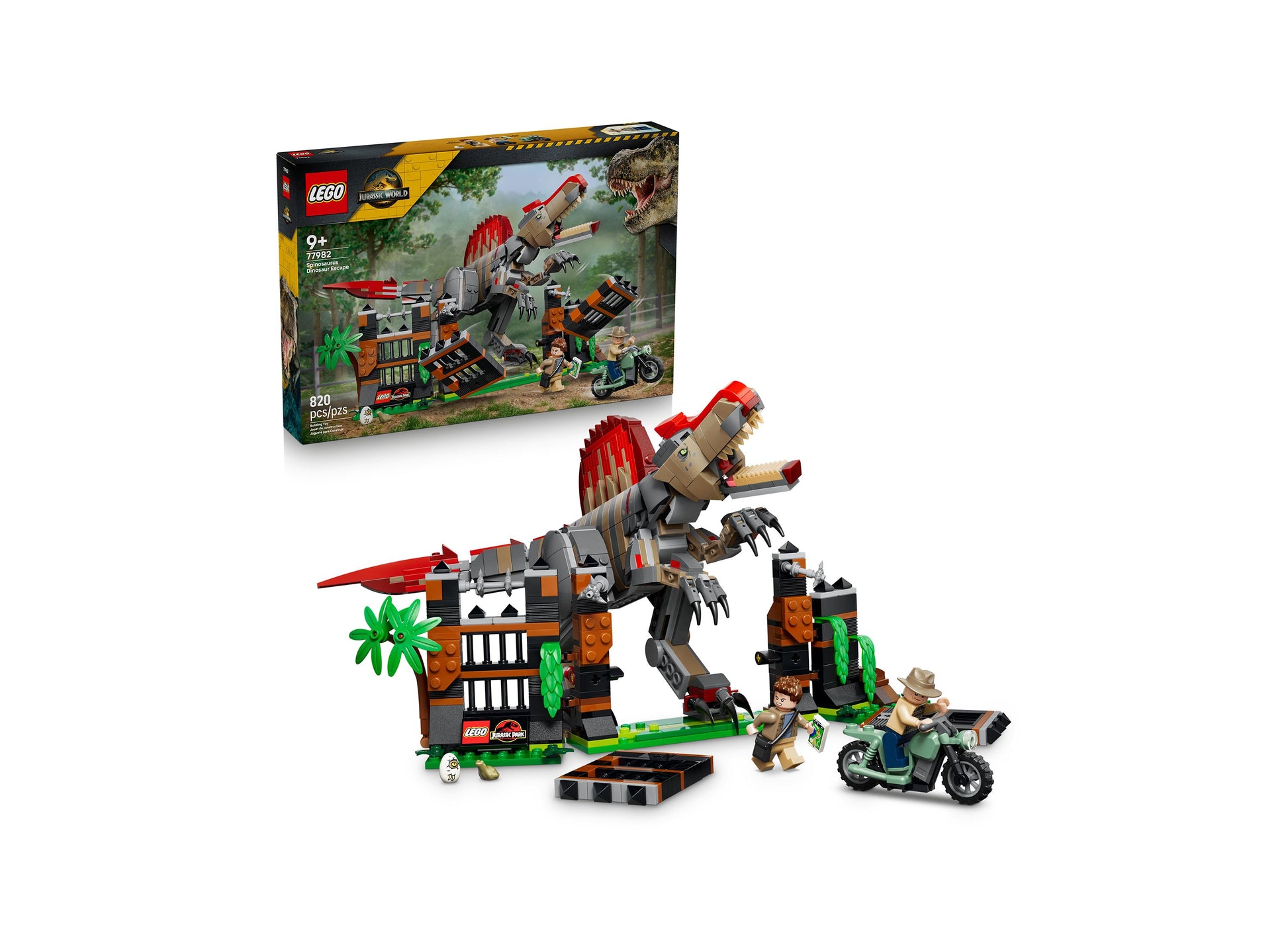 LEGO Jurassic World Spinosaurus Dinosaur Escape 77982 set with red and gray dinosaur, building structure, minifigures...