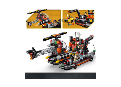 LEGO Jurassic World Mosasaurus Dinosaur Boat Attack 77983 building set with orange and black boat, helicopter, minifi...