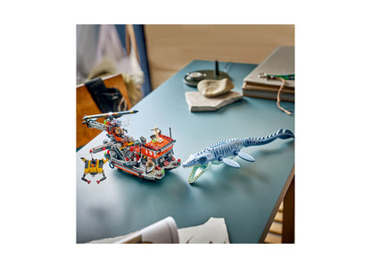 LEGO Jurassic World Mosasaurus Dinosaur Boat Attack set with red rescue boat, helicopter, and blue mosasaurus dinosau...