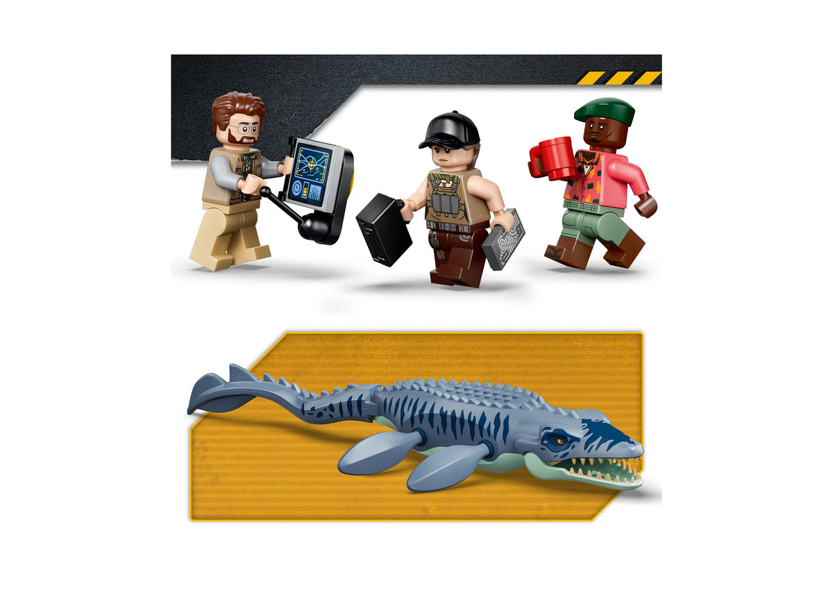 LEGO Jurassic World Mosasaurus Boat Attack 77983 set with minifigures and blue dinosaur