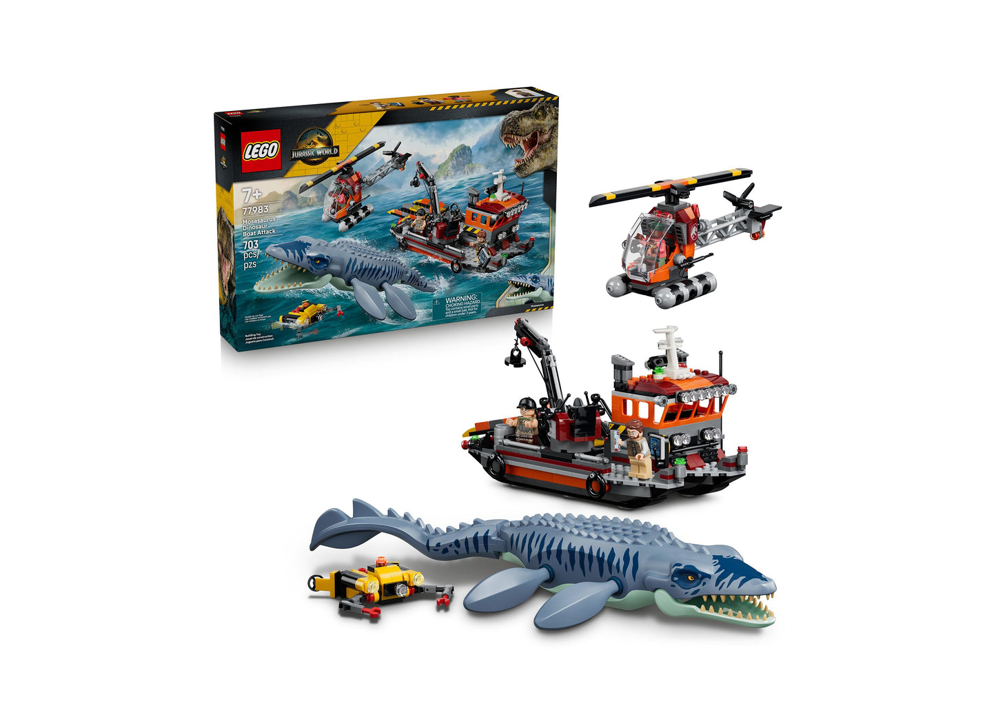 LEGO Jurassic World Mosasaurus Dinosaur Boat Attack 77983 set with orange rescue boat, red helicopter, yellow submari...