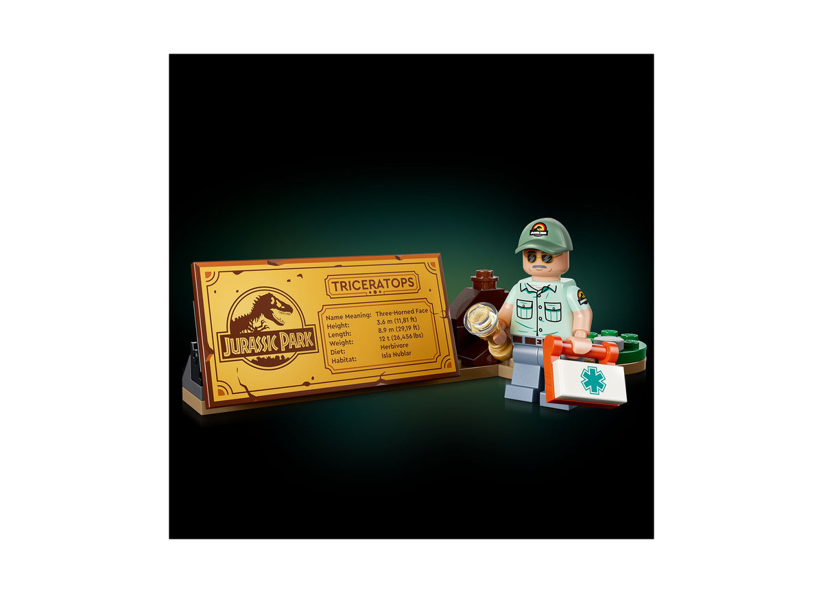 LEGO Jurassic World Triceratops 77985 building set with dinosaur fossil display, minifigure, and information placard