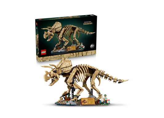 LEGO Jurassic World Dinosaur Fossils Triceratops 77985 building set with tan skeletal model, display stand, and minif...