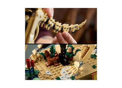 LEGO Jurassic World Triceratops fossil building set with tan skeletal model, green plants, and minifigure on display ...