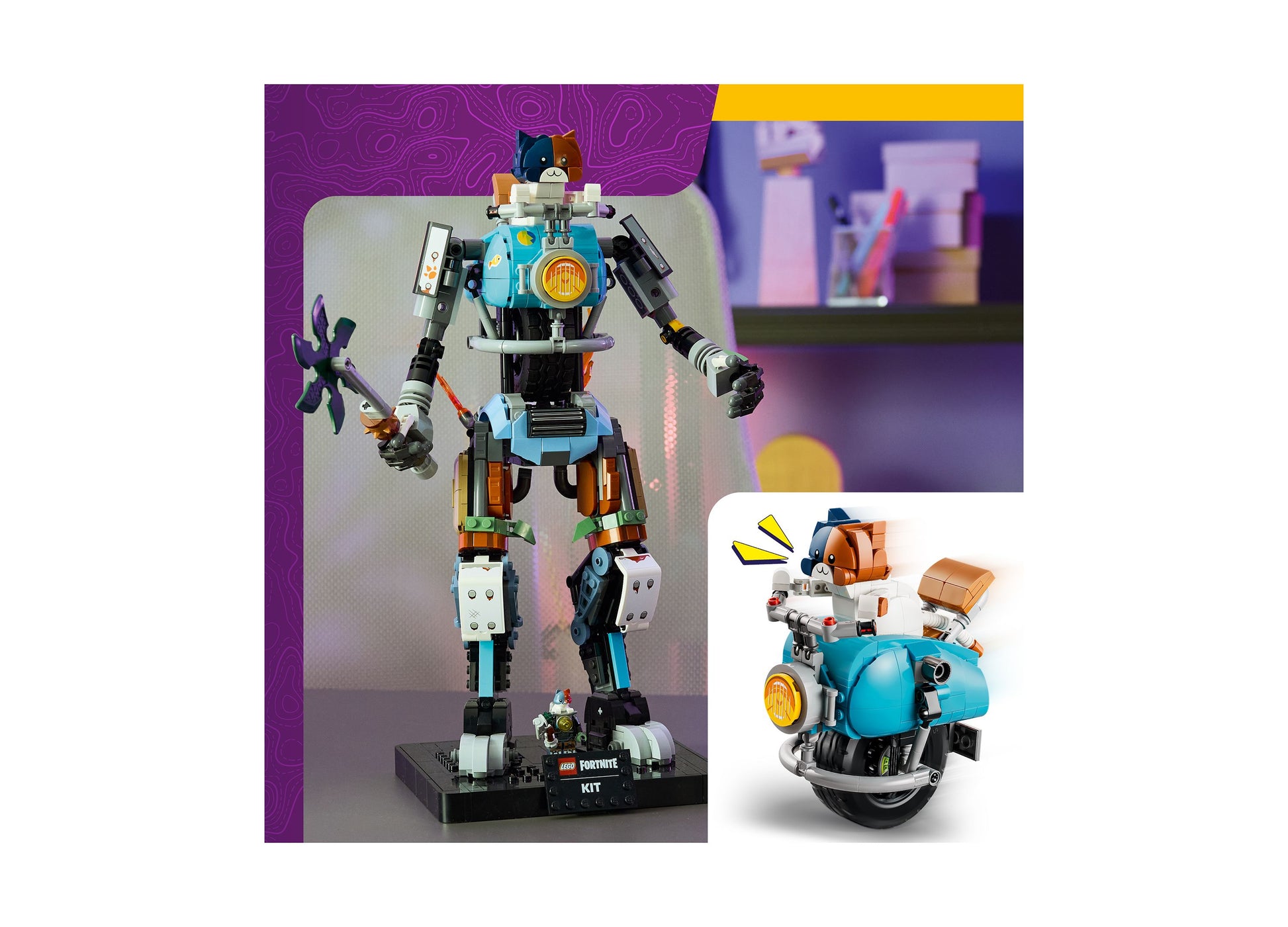 LEGO Fortnite KIT 77081 buildable robot figure with cat head, blue and orange armor, holding weapons