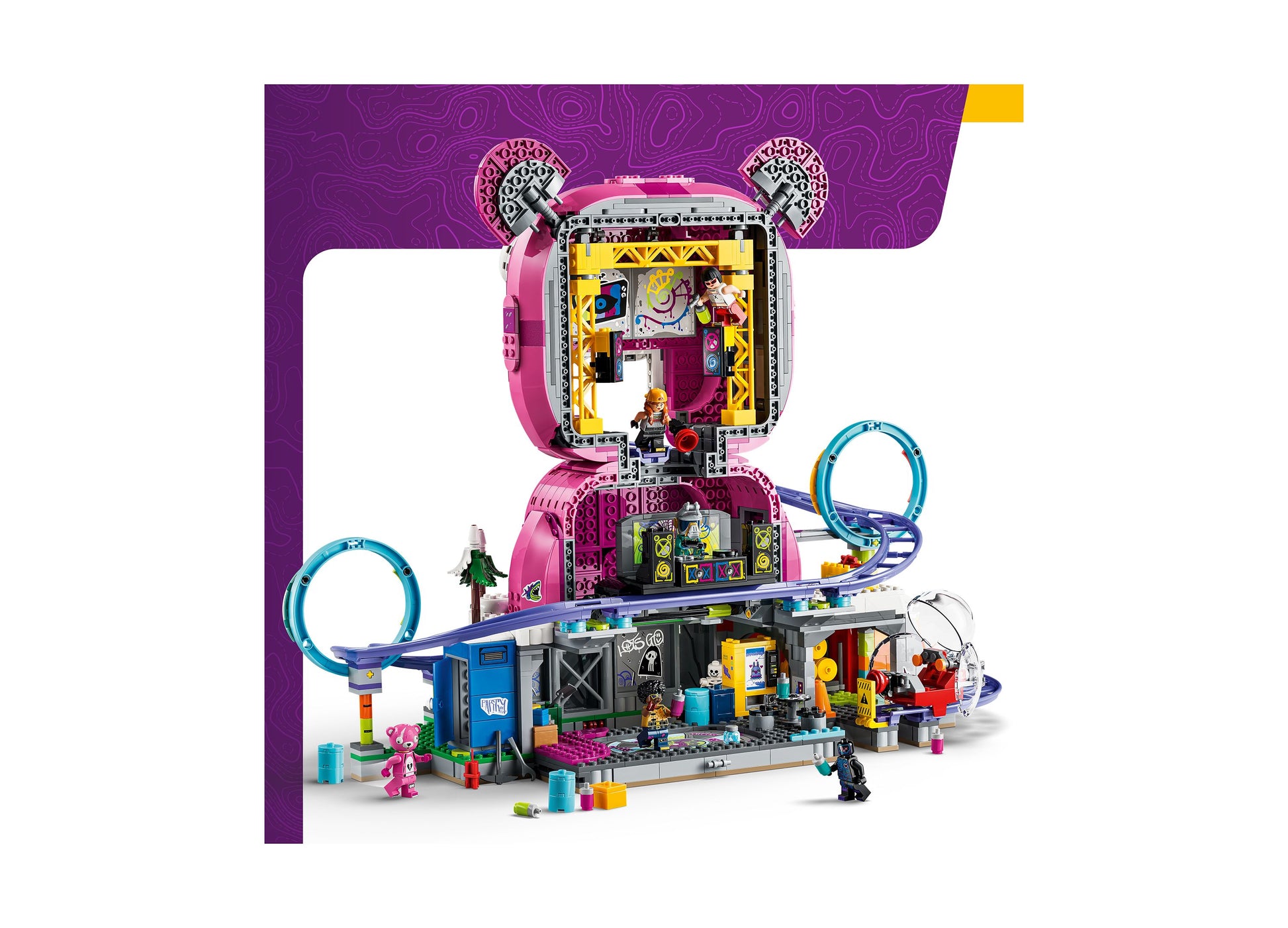 LEGO Fortnite Rave Cave 77082 building set with pink and yellow structure, blue loop tracks, and minifigures