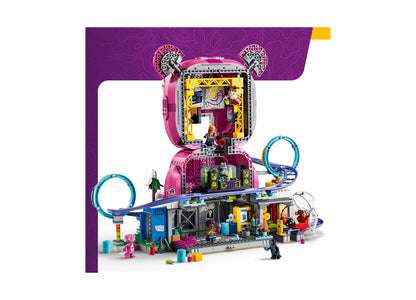 LEGO Fortnite Rave Cave 77082 building set with pink and yellow structure, blue loop tracks, and minifigures