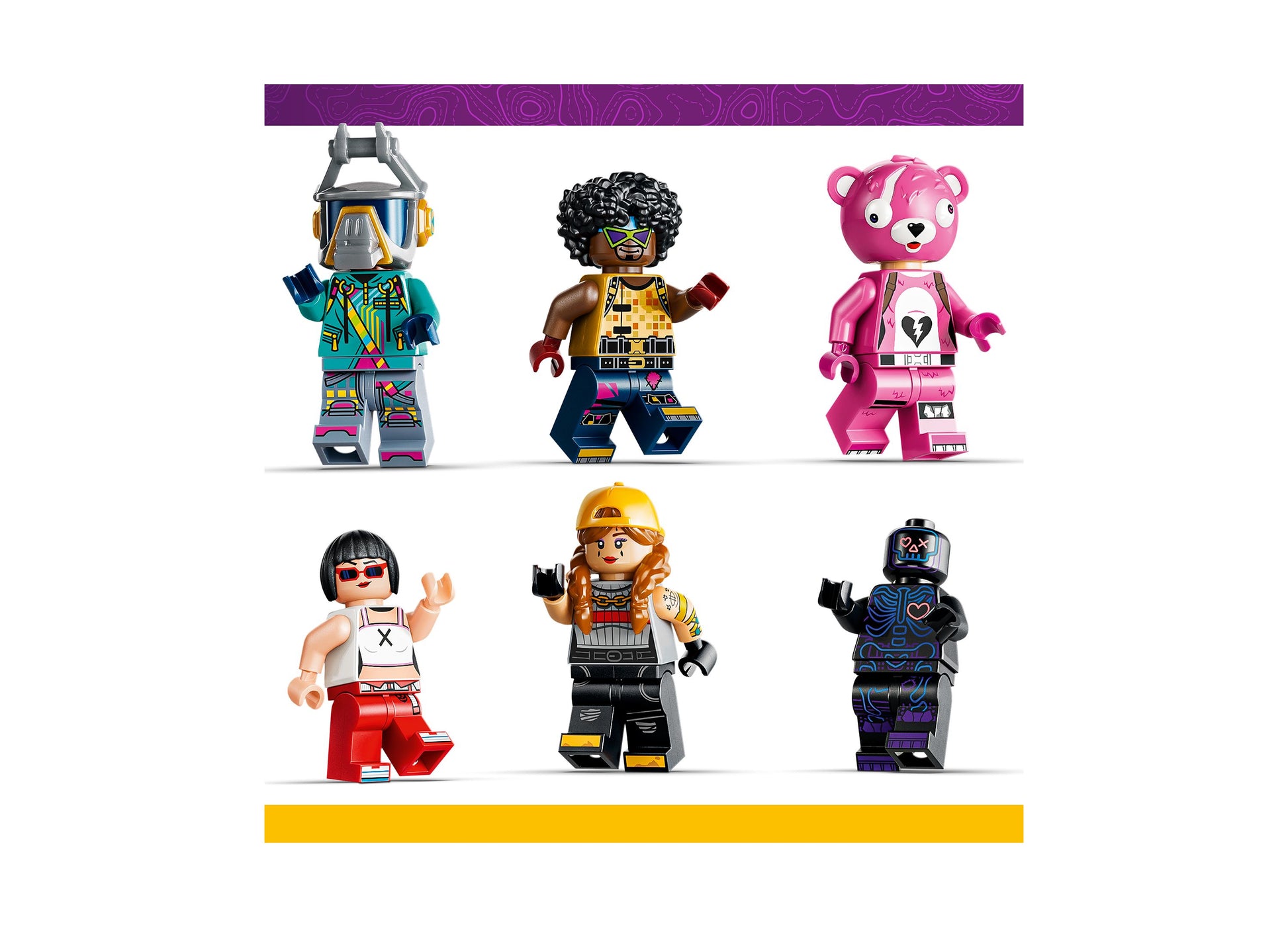 LEGO Fortnite Rave Cave 77082 set with 6 colorful minifigures in vibrant outfits