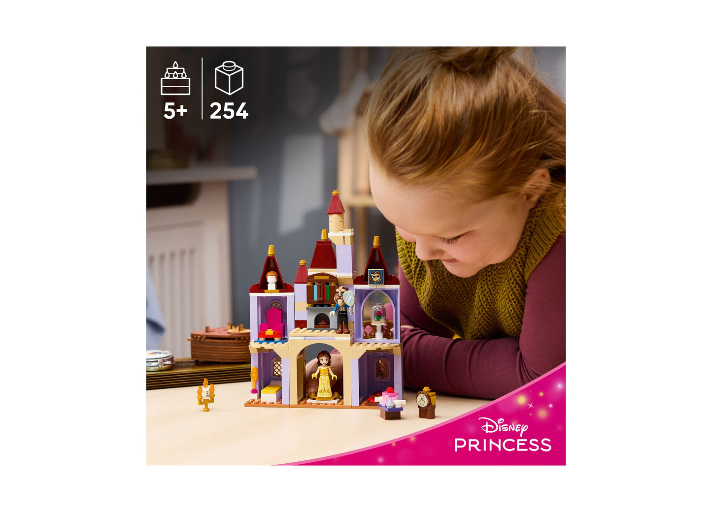 LEGO Disney Princess Belle's Enchanted Castle 43289 building set with 254 pieces for ages 5+, featuring purple castle...