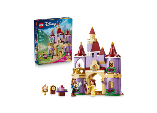 LEGO Disney Princess Belle's Enchanted Castle 43289 building set with purple tower, red roofs, and minifigures