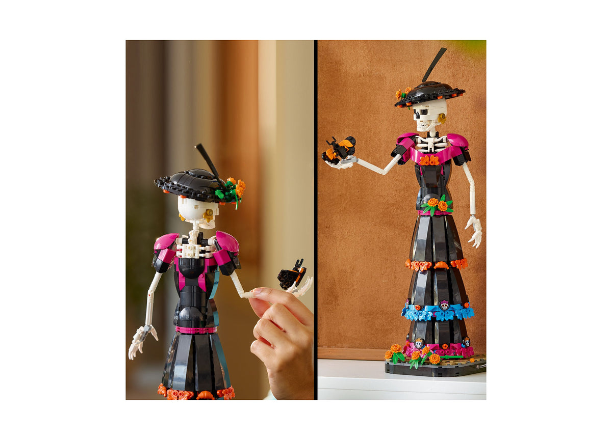 LEGO Ideas Day of the Dead La Catrina skeleton figure with colorful marigold decorations and poseable limbs