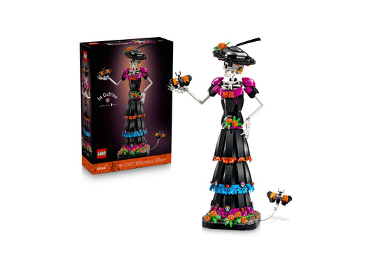 LEGO Ideas La Catrina building set featuring a tall skeletal figure in black with magenta shoulders, colorful f...