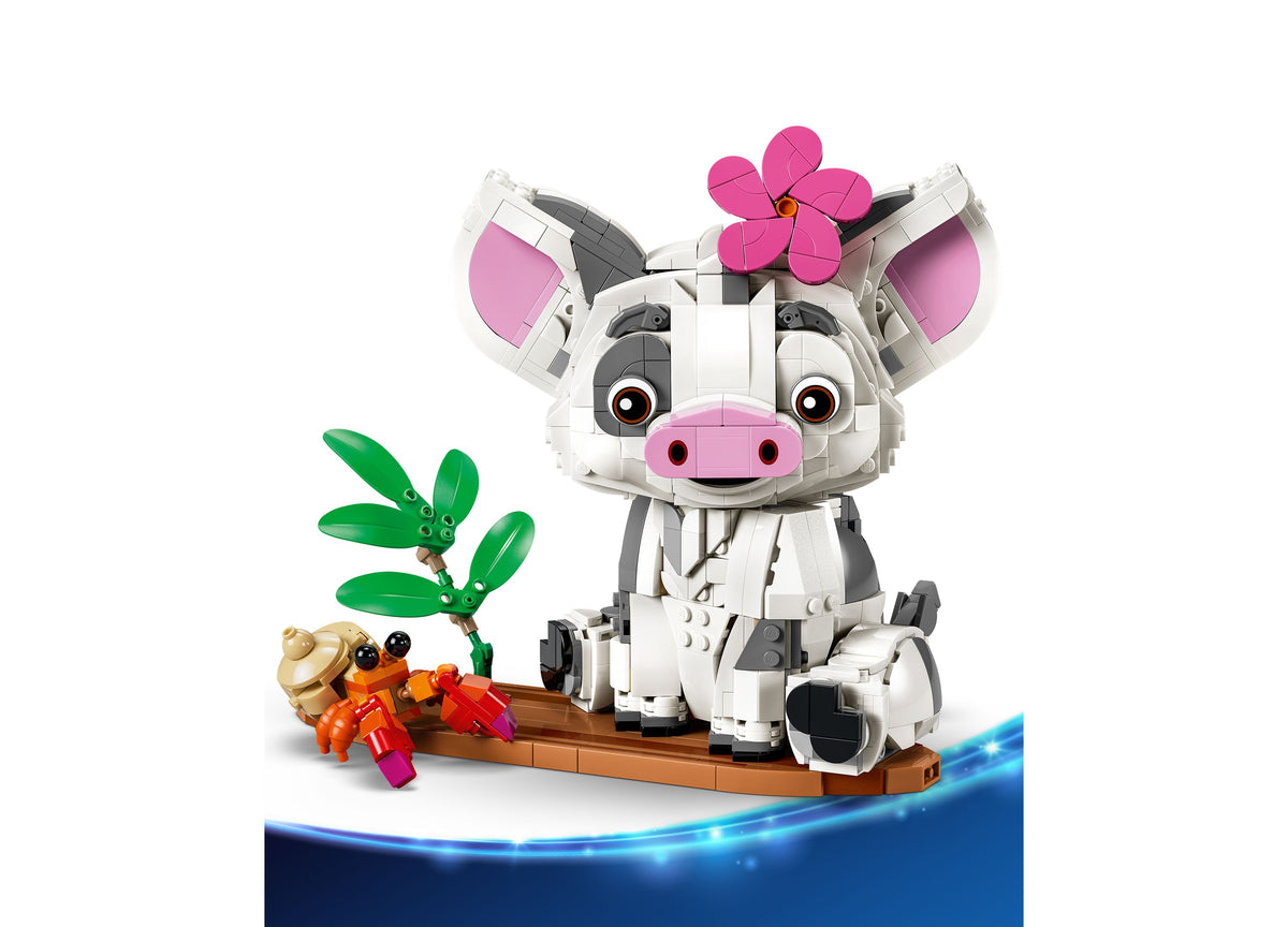 LEGO Disney Moana Pua 43292 building set featuring white and pink pig with flower, green plant, and colorful crab pieces