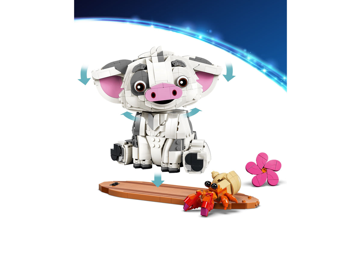 LEGO Disney Moana Pua 43292 buildable pig figure with pink ears and white body, includes crab and flower accessories