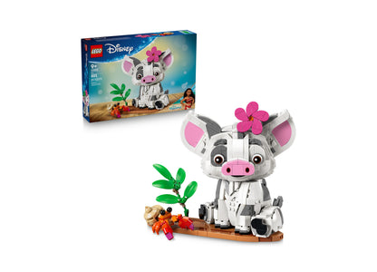 LEGO Disney Moana Pua 43292 building set with white pig figure, pink flower, and green plant accessories