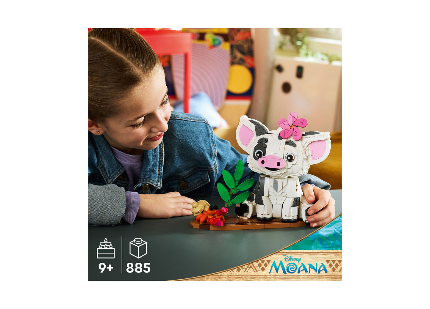 LEGO Disney Moana Pua 43292 building set with white pig figure and pink flowers, 885 pieces
