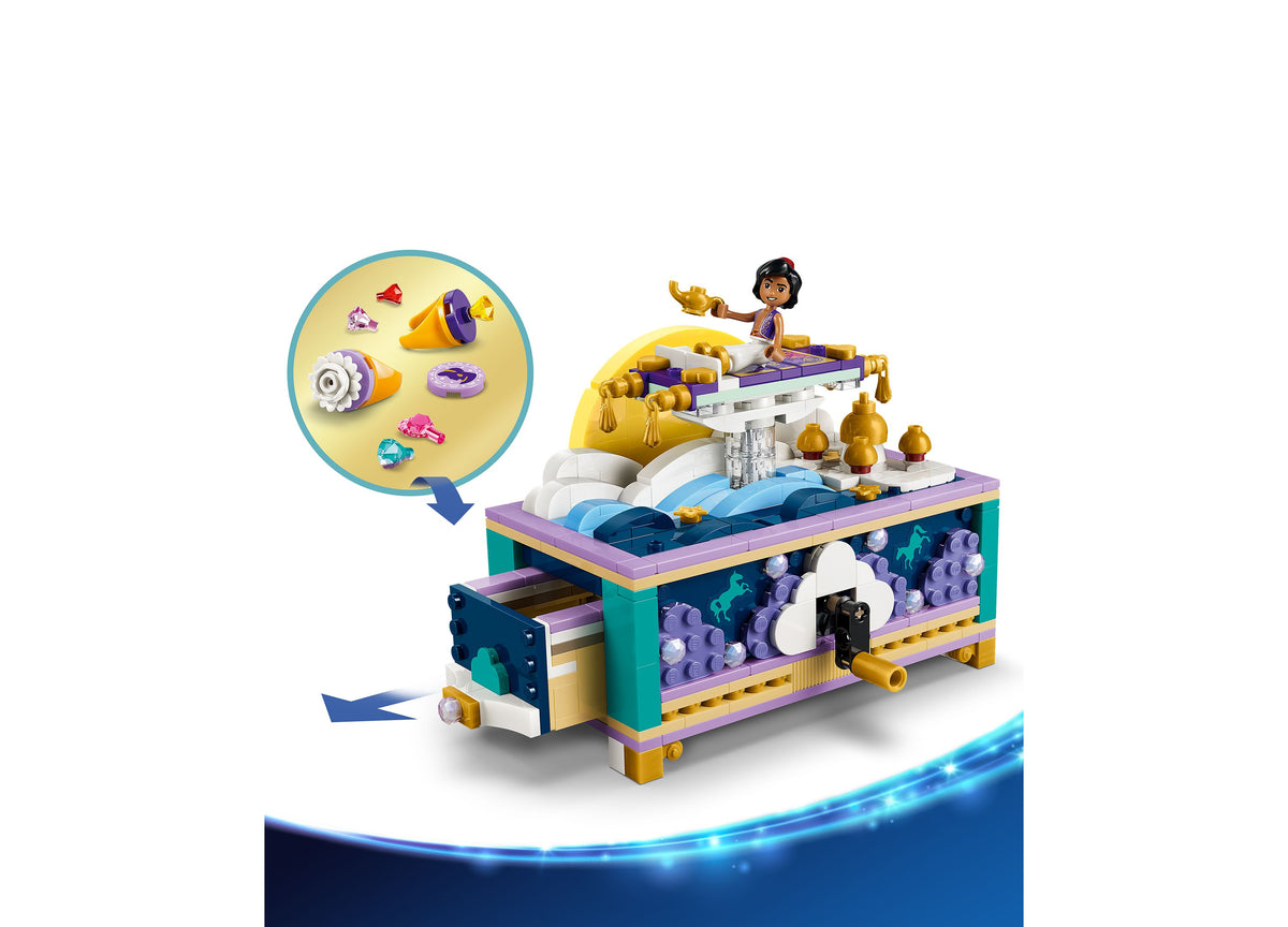 LEGO Disney Princess Jasmine's Jewelry Box 43295 building set with colorful pieces and accessories