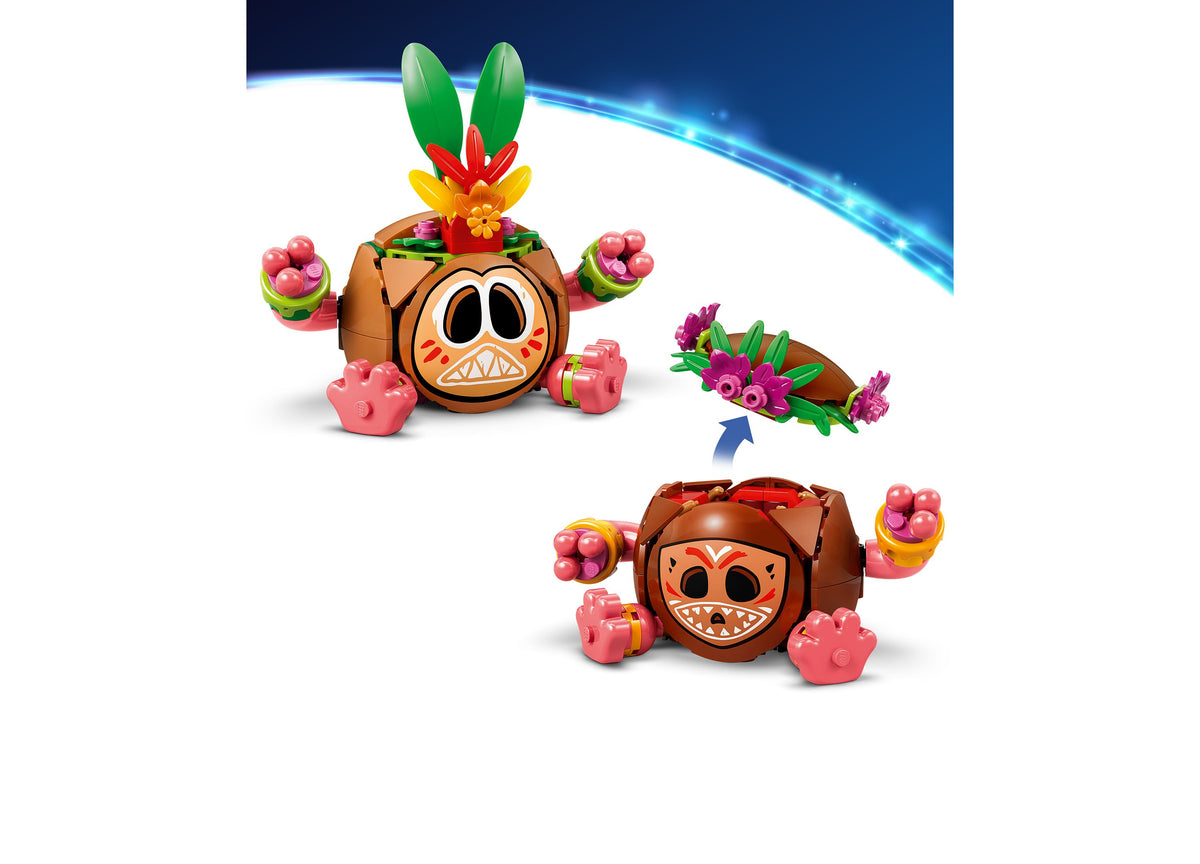 LEGO Disney Moana Kakamora 43293 posable building set with brown coconut character, pink flower details, and green le...