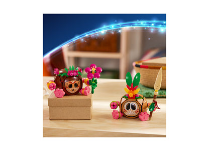 LEGO Disney Moana Kakamora 43293 building set with posable figures, colorful flowers, and accessories on wooden display