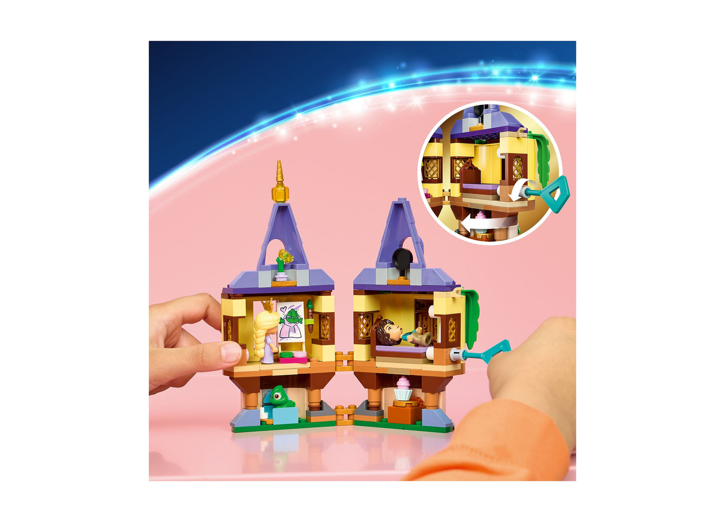 LEGO Disney Princess Rapunzel's Mini Tower 43294 building set with purple towers and yellow castle pieces