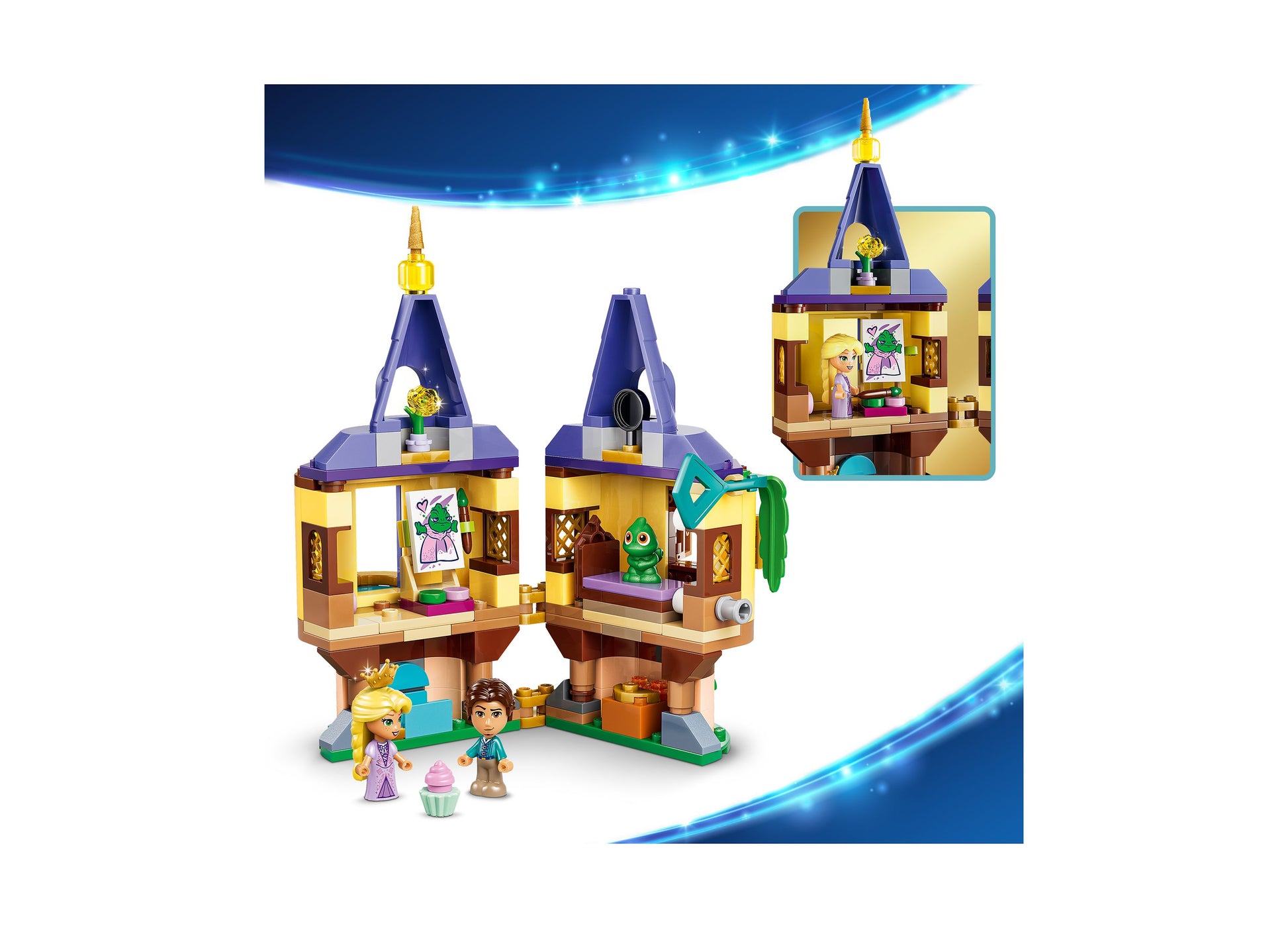 LEGO Disney Princess Rapunzel's Mini Tower 43294 building set with purple tower, yellow walls, and minifigures