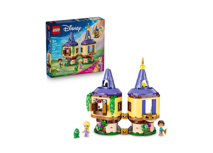 LEGO Disney Princess Rapunzel's Mini Tower 43294 building set with purple towers, yellow walls, and minifigures