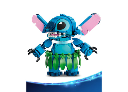 LEGO Disney Posable Stitch Scrump 43296 building set with blue alien figure, pink ears, and green skirt