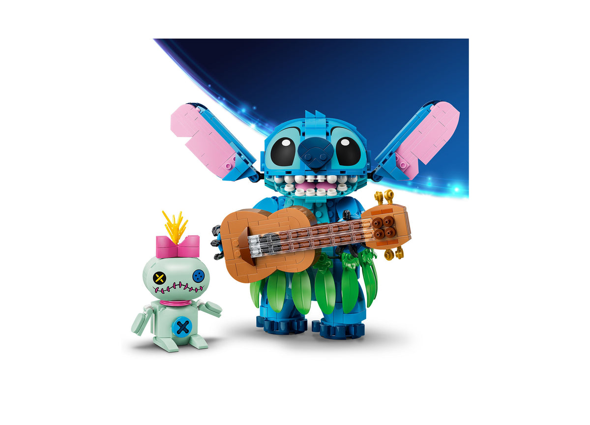 LEGO Disney Posable Stitch Scrump 43296 building set featuring blue Stitch with pink ears holding ukulele and small S...