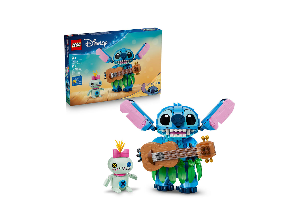 LEGO Disney Posable Stitch 43296 building set with blue Stitch figure holding ukulele and Scrump doll