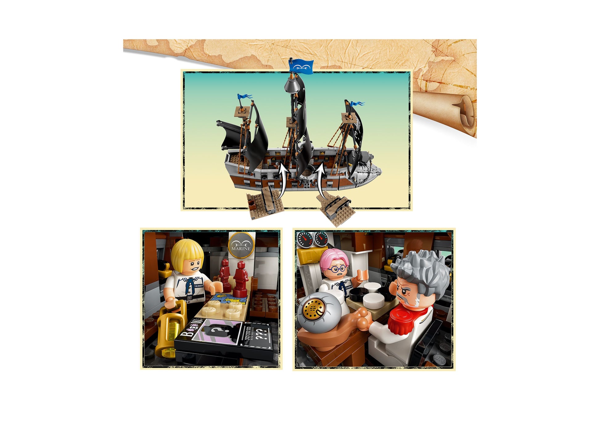 LEGO One Piece Garp's Marine Battleship 75646 set with pirate ship, minifigures, and accessories