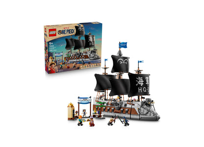 LEGO One Piece Garp's Marine Battleship 75646 building set with black sails, minifigures, and 1,705 pieces