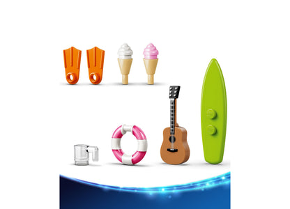 LEGO Disney Beach Fun with Lilo Stitch 43280 building set featuring colorful beach accessories and green surfboard