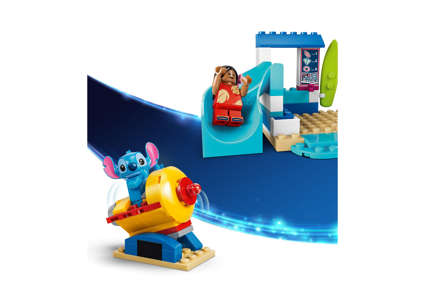 LEGO Disney Beach Fun with Lilo Stitch 43280 building set featuring blue Stitch minifigure and red Lilo character wit...