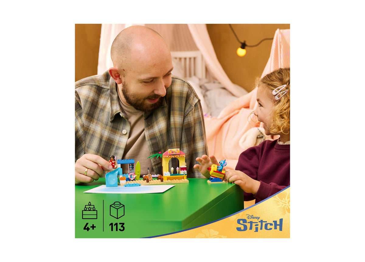 LEGO Disney Stitch 43280 beach playset with 113 pieces, showing dad and child playing with colorful building blocks