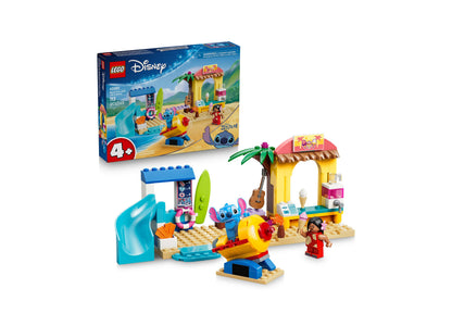 LEGO Disney Beach Fun with Lilo Stitch 43280 building set featuring colorful beach scene with water slide and palm tree