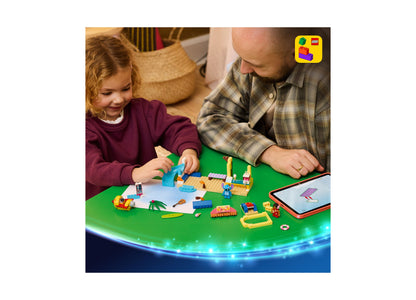 LEGO Disney Beach Fun with Lilo Stitch 43280 building set with colorful bricks, adult and child playing together