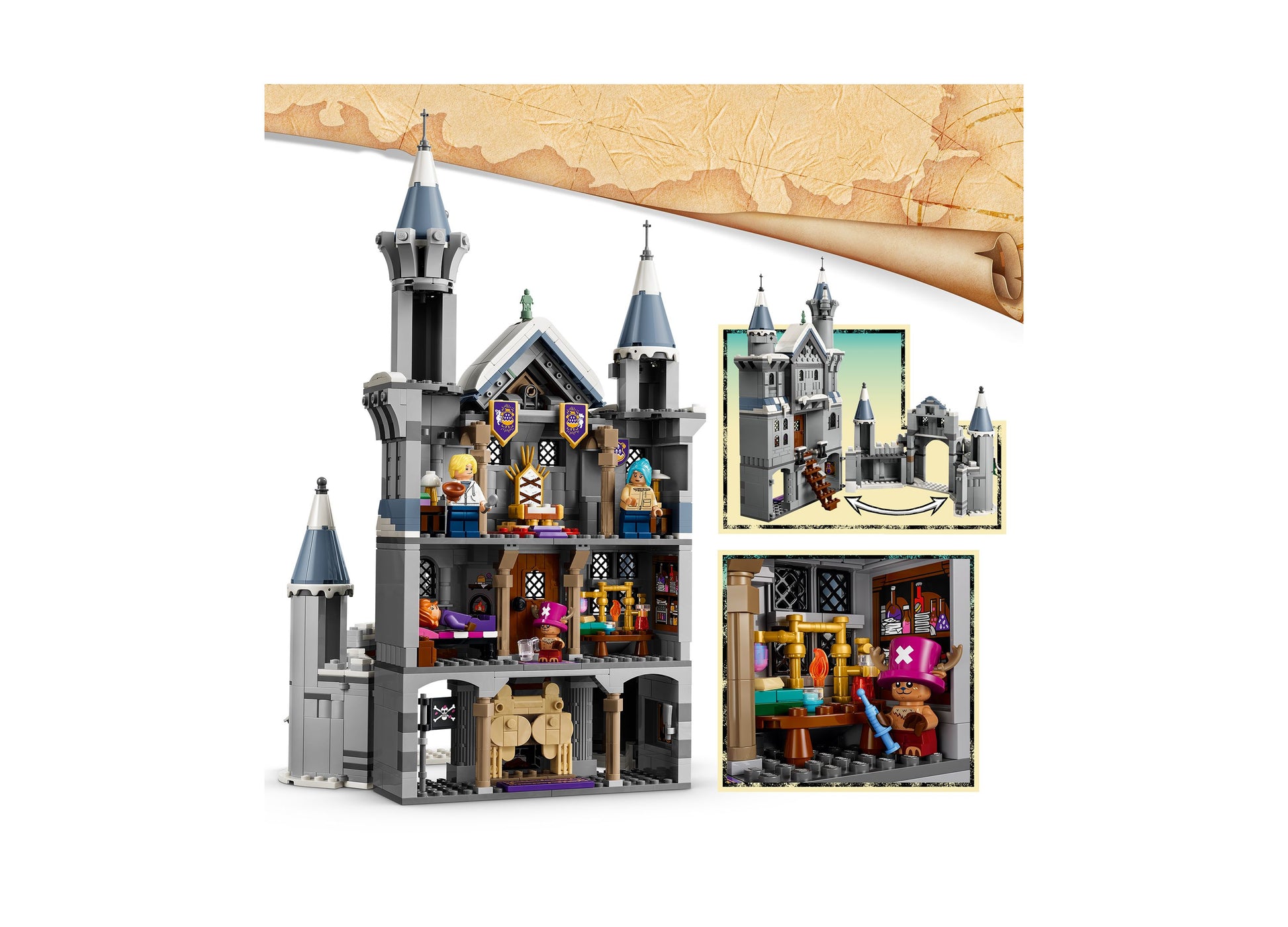 LEGO One Piece Battle at Drum Castle 75645 building set with gray castle, minifigures, and detailed interior rooms