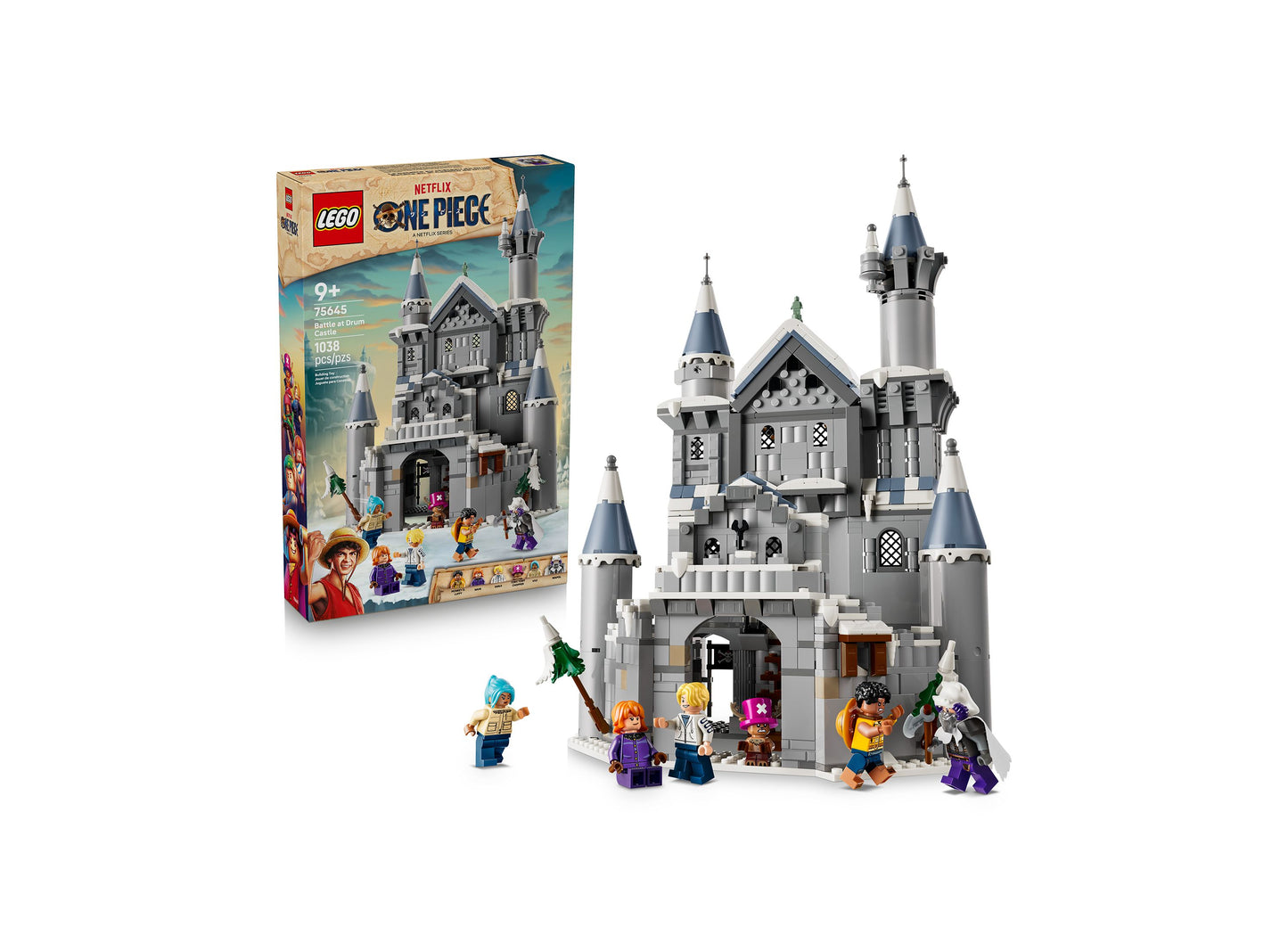 LEGO One Piece Battle at Drum Castle 75645 set with gray stone castle, towers, and minifigures