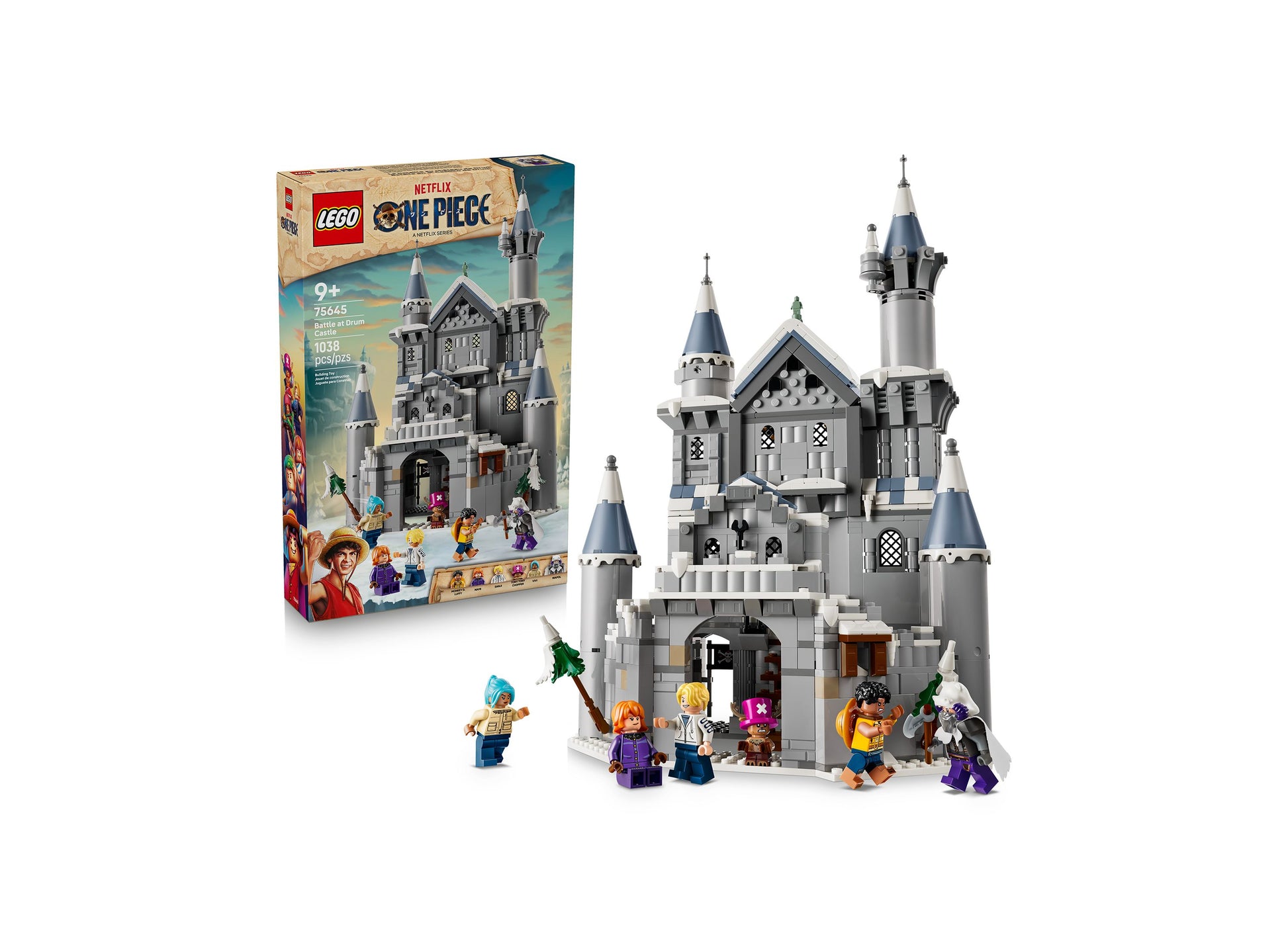 LEGO One Piece Battle at Drum Castle 75645 set with gray stone castle, towers, and minifigures