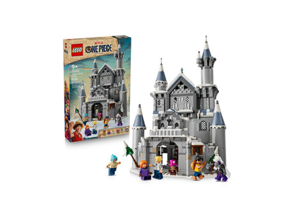 LEGO One Piece Battle at Drum Castle 75645 set with gray stone castle, towers, and minifigures