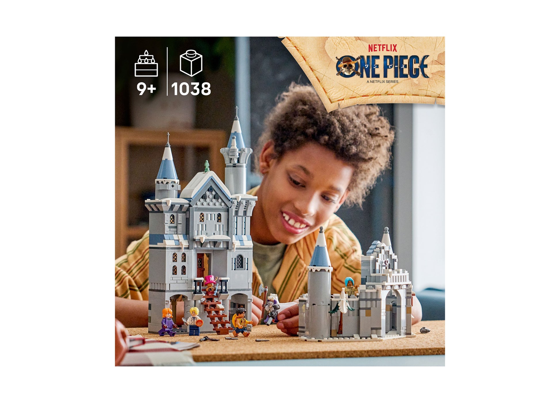 LEGO One Piece Battle at Drum Castle 1038-piece building set for ages 9+, featuring white castle towers with minifigures