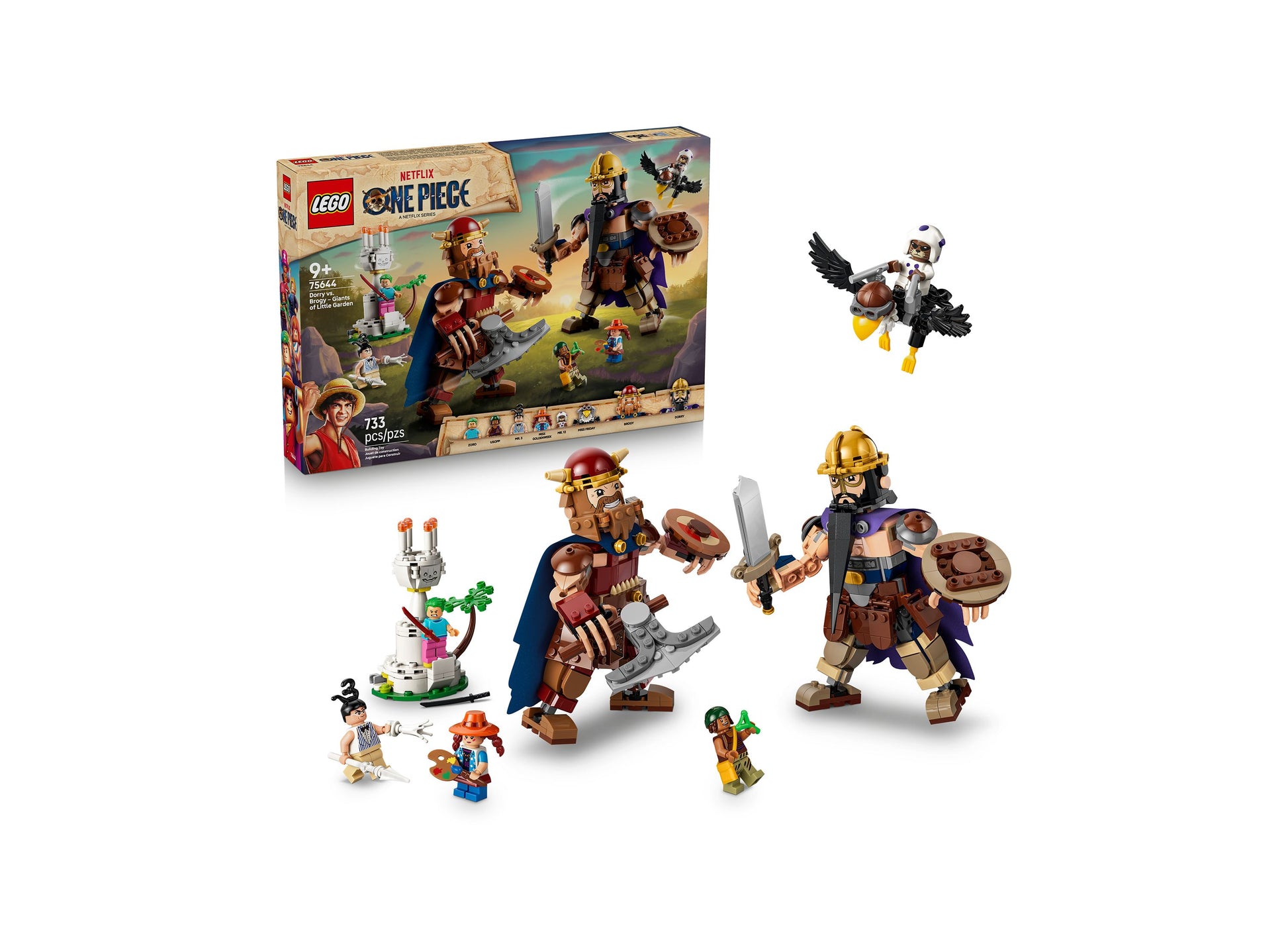 LEGO ONE PIECE Dorry vs. Brogy Giants set 75644 with 733 pieces, featuring two large giant minifigures, smaller chara...