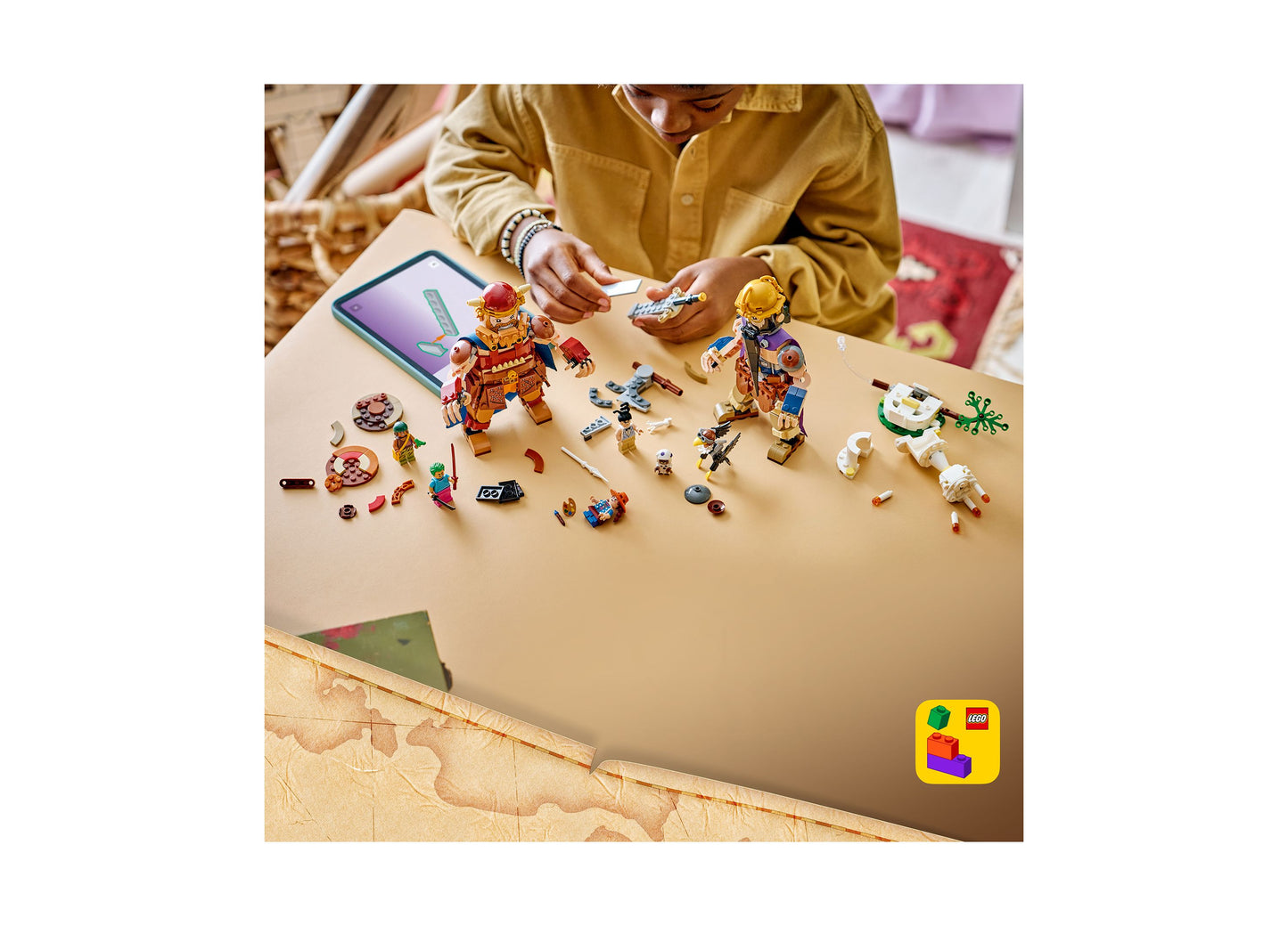 LEGO ONE PIECE Dorry vs. Brogy Giants set with colorful minifigures and pieces displayed on table